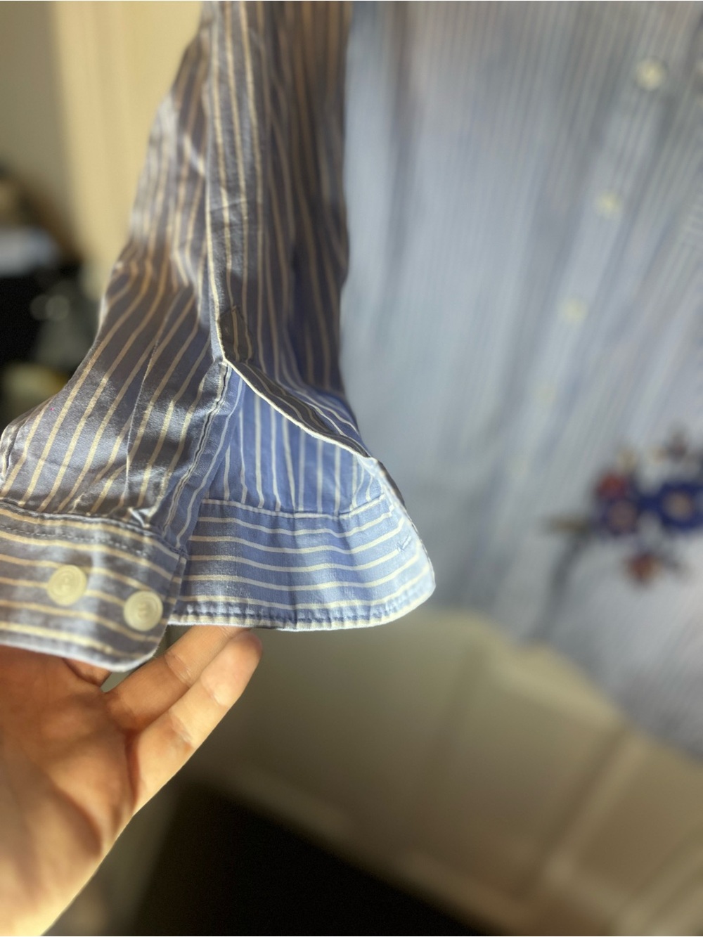 Size 22, Love & Legend Blue Striped Button-Up Shirt with Floral Embroidery - Picture 7 of 15